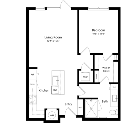 Floor plan for 1 bed, 1 bath, 750 sqft